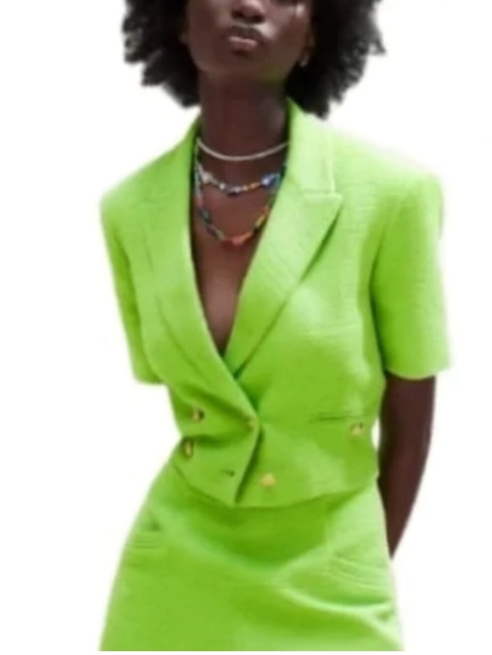 Zara Textured Crop Tweed Blazer Shorts Set Green Size M Double Breasted
